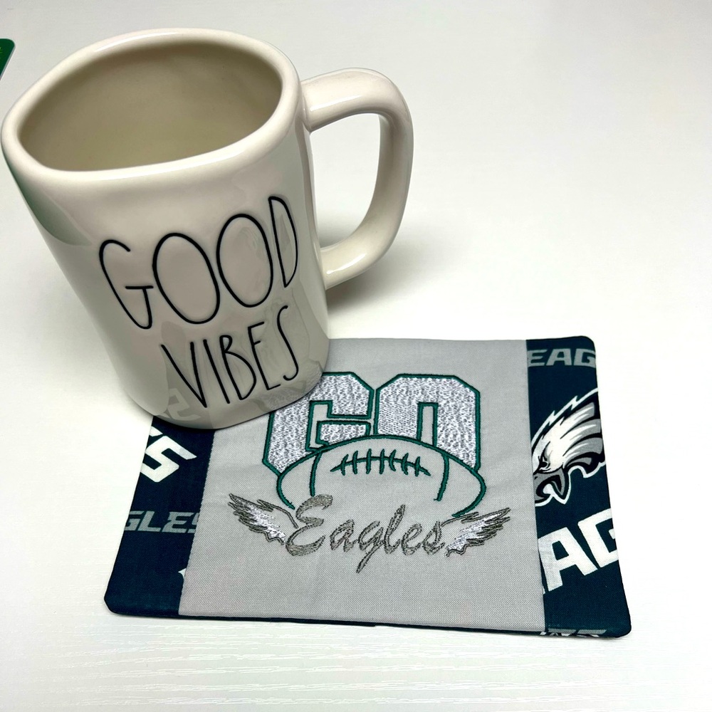 Hand Crafted Mug Rug Coaster Embroidered Cotton Padded Absorbs Super Bowl Winner - Picture 4 of 9